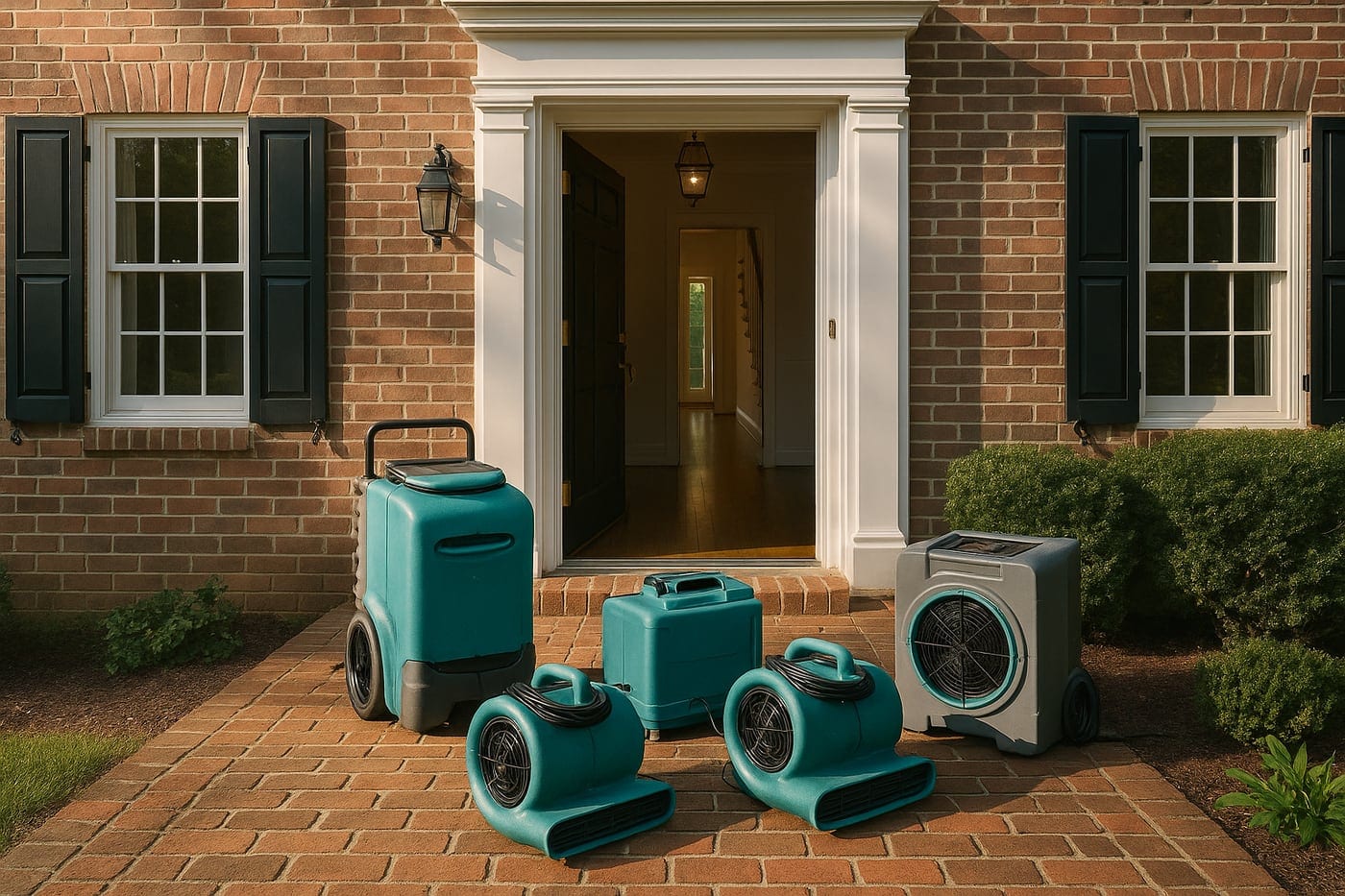 Water restoration drying equipment staged at the front door of a brick home